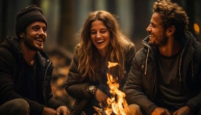 Three friends smiling and enjoying a campfire together at night.