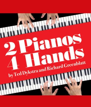 Cover of the book '2 Pianos 4 Hands' with piano keys and hands playing.