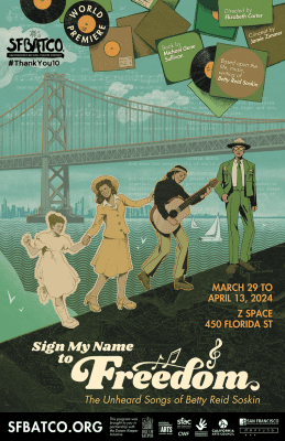Vintage-style concert poster with musicians and a city bridge background.