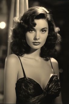 Vintage black and white portrait of a glamorous woman in elegant attire.