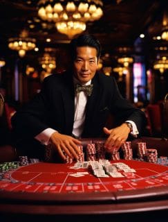 Confident casino dealer in tuxedo managing chips at a gaming table.