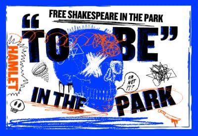 Poster for Free Shakespeare in the Park featuring a blue skull graphic.