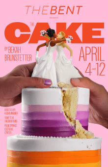 A colorful cake with a bride and groom topper, cake being pulled apart.