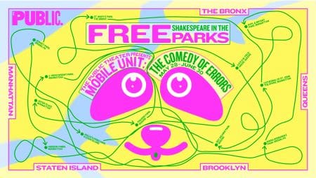 Colorful abstract design with text about free parks and Shakespeare's comedy.