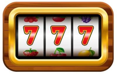 Slot machine showing a winning triple seven combination.
