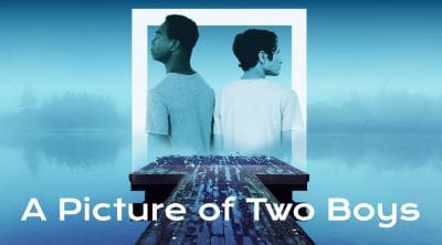 Two men back-to-back with a cityscape below, symbolizing dual perspectives.
