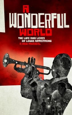 A silhouette of Louis Armstrong playing trumpet with a red background.