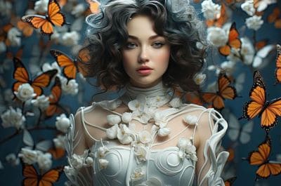 A woman with curly hair surrounded by butterflies in an artistic portrait.
