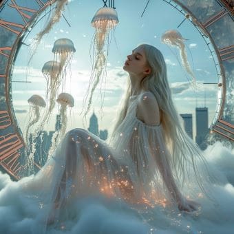 A serene woman surrounded by floating jellyfish in a dreamy, ethereal setting.