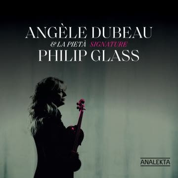 Silhouette of Angele Dubeau playing violin, with Philip Glass name.