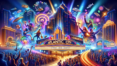 Vibrant depiction of Atlantic City with glowing lights and lively crowd.