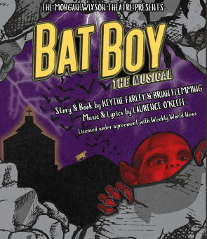 Colorful poster for the musical 'Bat Boy' featuring a bat-like boy and bold title text.