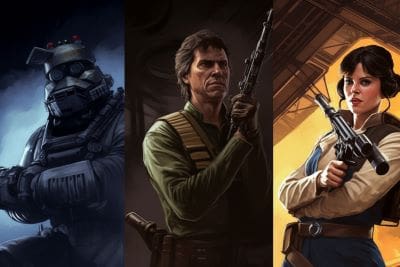 Three armed characters from different video game genres.