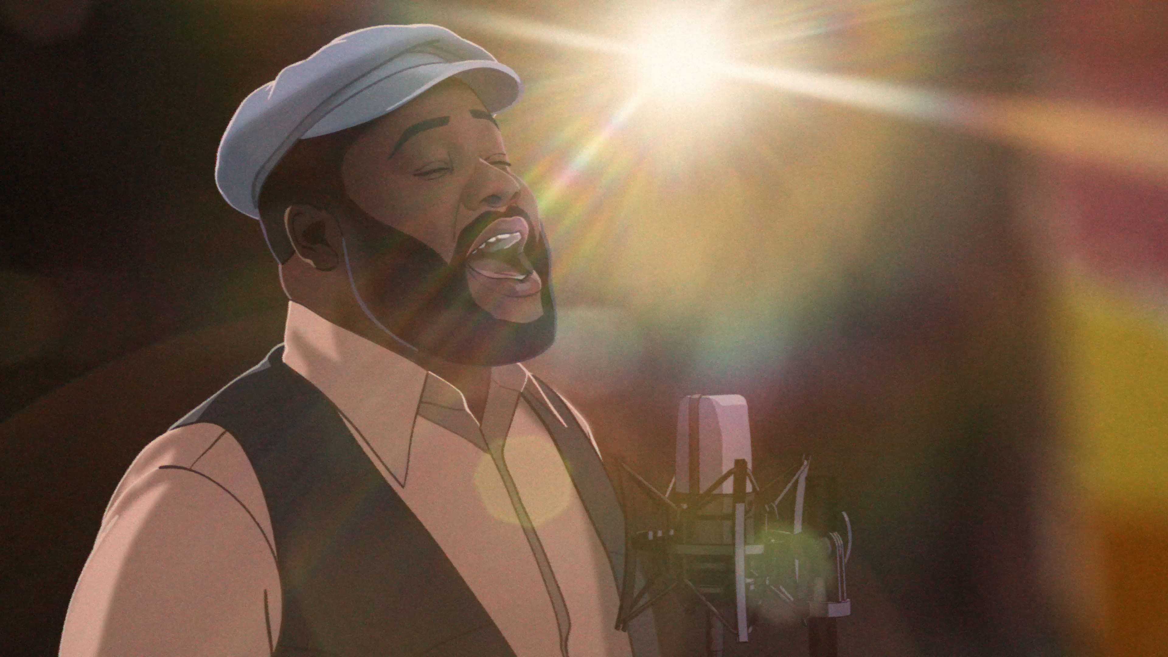 Man singing passionately into a microphone with sunlight shining.