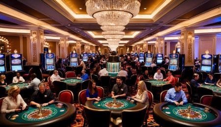 Busy casino floor with players at tables and slot machines under chandeliers.