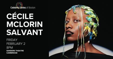 Portrait of a woman with unique hair accessories against a dark background.