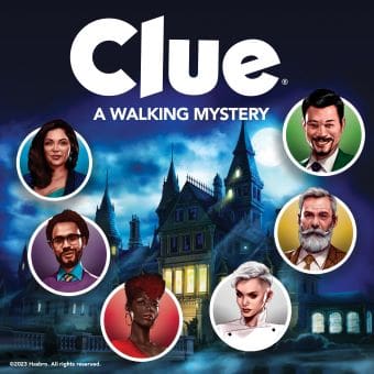 Promotional poster for 'Clue: A Walking Mystery' featuring character portraits around a mansion.