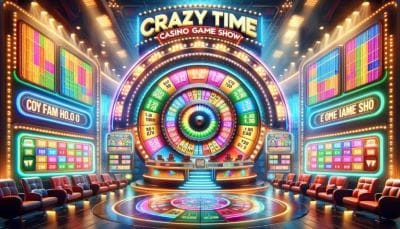 Colorful casino game wheel with vibrant lights and prizes.