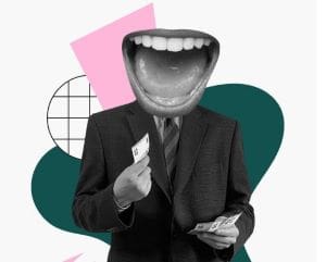 A surreal businessperson with a giant mouth replacing the head.