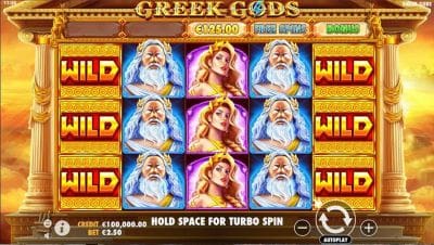 Greek Gods-themed slot game screen with Zeus and a goddess symbols.