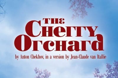 Logo of the film 'The Cherry Orchard' in bold red letters against a light background.