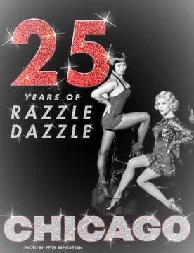 Vintage photo celebrating 25 years of Razzle Dazzle with dancers in classic attire.