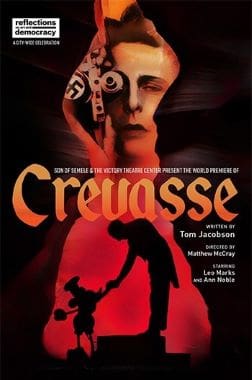 Movie poster of 'Crevasse' featuring a split face and shadowy figures.