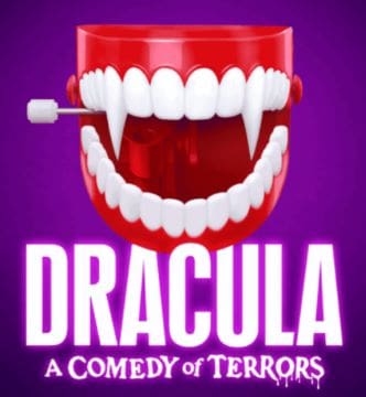 Bright red Dracula chattering teeth toy with white fangs, titled 'Dracula: A Comedy of Terrors'.