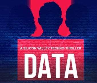 Silhouettes against a red and blue backdrop with the word DATA.