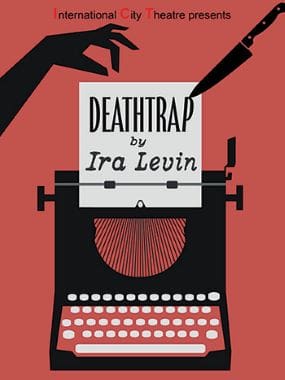 Book cover of 'Deathtrap' by Ira Levin with a typewriter and red background.