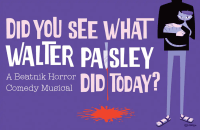 Promotional poster for a musical featuring a quirky purple design and text.