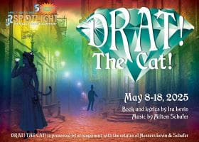 A colorful poster for the play "Dracula The Cat!" with a mysterious silhouette and theatrical elements.