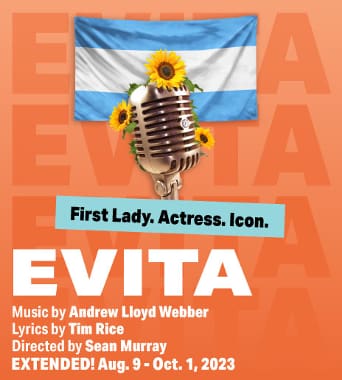 Poster of Evita featuring a microphone and Argentina flag with text highlighting its iconic status.