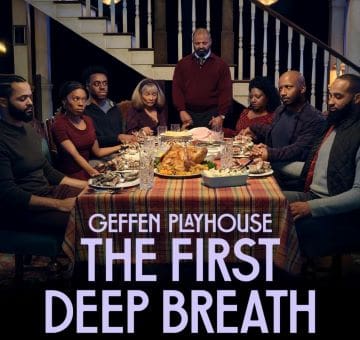 Cast of 'The First Deep Breath' gathered around a dinner table with a feast.