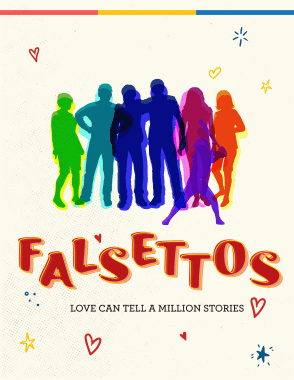 Colorful silhouettes of six people with the word 'Falsettos' in bold, playful letters.