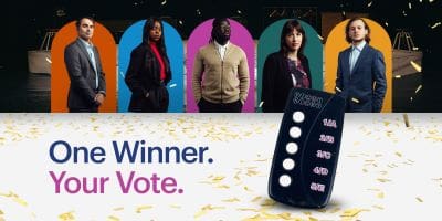 A voting-themed graphic with portraits and a keypad.