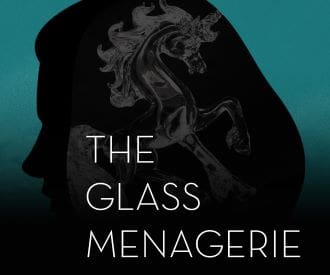 Poster for the play 'The Glass Menagerie' featuring a silhouetted figure and a horse illustration.