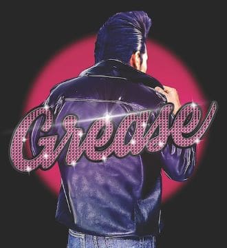 Back view of a person in a leather jacket with 'Grease' text overlay.