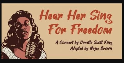 Vintage-style poster for a concert titled 'Hear Her Sing For Freedom'.