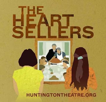 Poster for the play 'The Heart Sellers' showing two women watching a chaotic family scene.