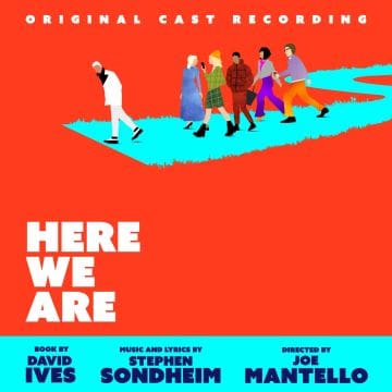 Album cover of "Here We Are" featuring cast walking on a bright red background.