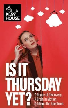 A woman looks up thoughtfully against a red background with 'Is it Thursday?' text.