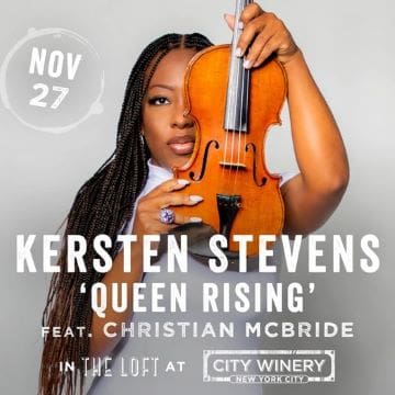 Kersten Stevens holding a violin, promoting a concert on Nov 27.