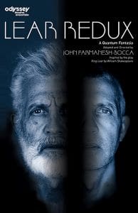 Split face of an older and younger man in blue tones.