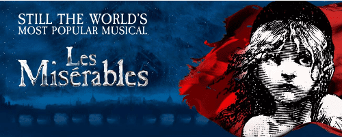Poster for the musical 'Les Misérables' with a dramatic silhouette and dark blue background.