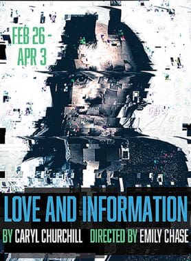 Distorted portrait with glitch effects promoting 'Love and Information' event.