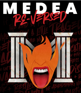 Illustration of a fiery, screaming face with bold text 'MEDEA RE-VERS'D'.