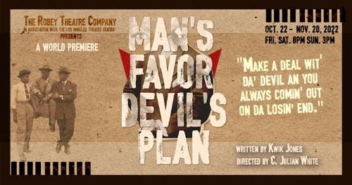 Vintage-style poster with bold text "Man's Favor Devil's Plan" and red accents.