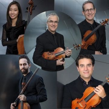 Five musicians posing with their violins in formal black attire.