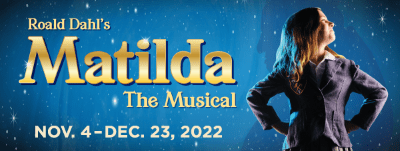 Promotional poster for Matilda The Musical with a starry blue background and a performer.